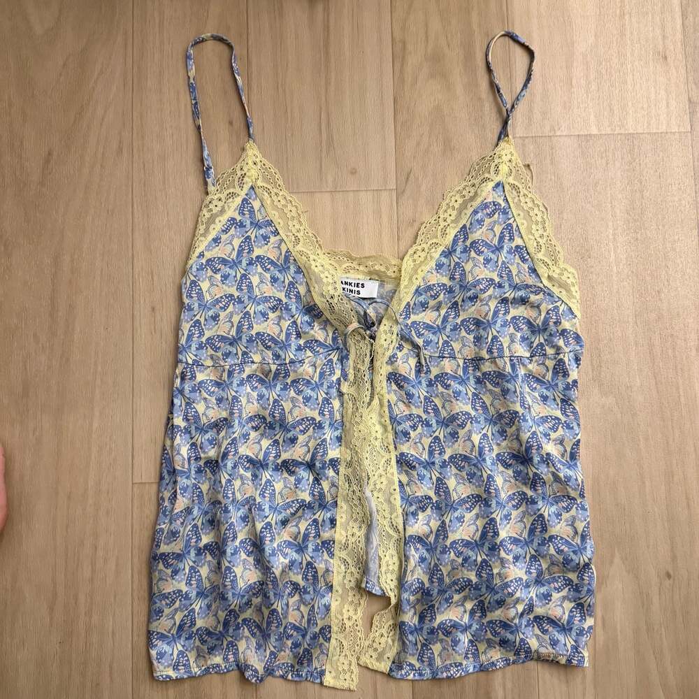 Frankies Bikinis Boden Silk Butterfly Print Camisole Top with Lace Trim